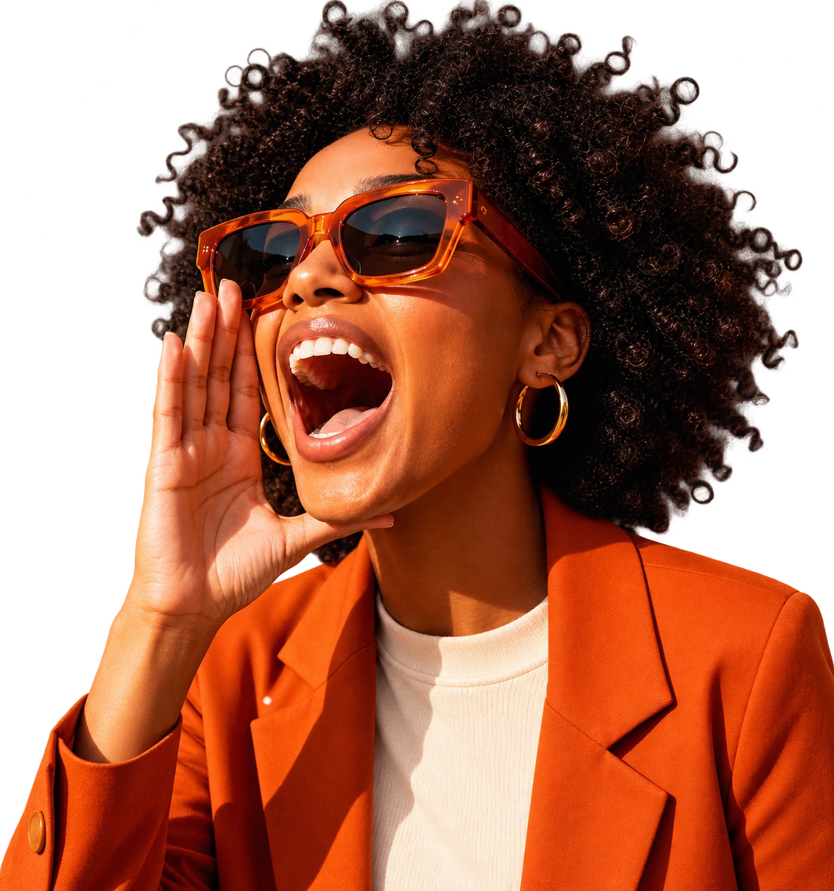 A woman in orange sunglasses calling out with her hand raised